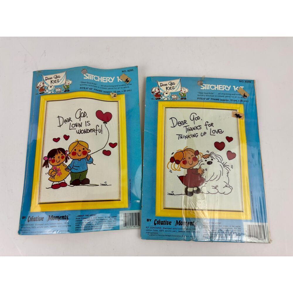 Lot of 2 Dear God Kids Creative Moments Stitchery 6 X 8 Frame Cross Stitch 1980s